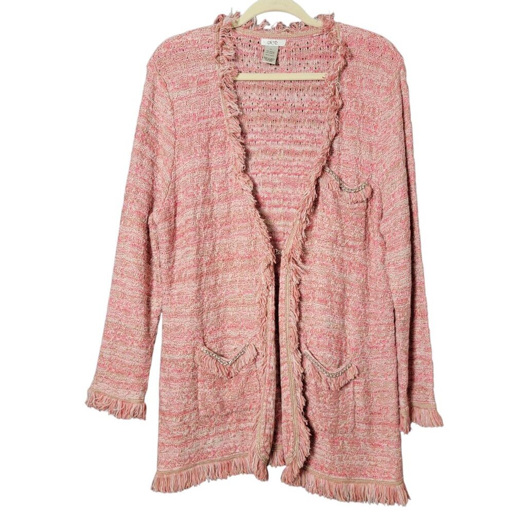 Cache Womens Pink Tweed Business Work Office Coquette Fringe Cardigan Jacket XL